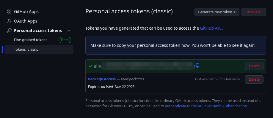 GitHub Access Token Page