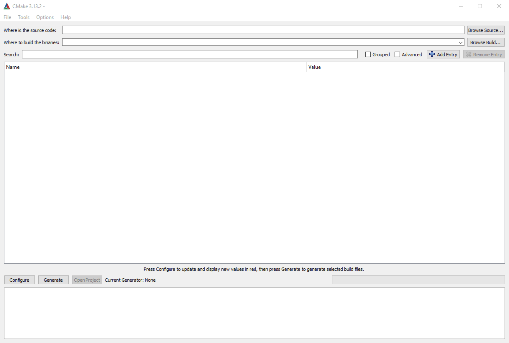 The initial CMake GUI